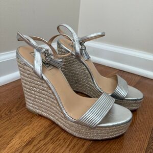 Badgley Mischka Silver Metallic Tassel Wedge Sandals Size 8.5 Espadrille